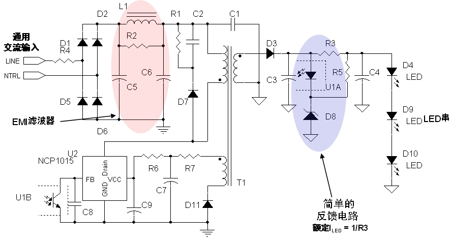 圖2:安森美半導體8 W LED驅動應用電路示電圖(輸入電壓為85至264 Vac)。