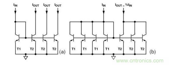 (a) 多級電流鏡 (b) 非整數比例電流鏡可將3個T2集電極結合起來,得到3IIN