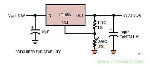 集成型線性穩壓器實例：只有3個引腳的7.5A線性穩壓器。