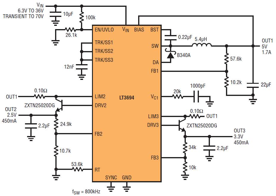 兩個低壓差線性穩壓器創建極其緊湊的三路輸出解決方案 兩個低壓差線性穩壓器創建極其緊湊的三路輸出解決方案